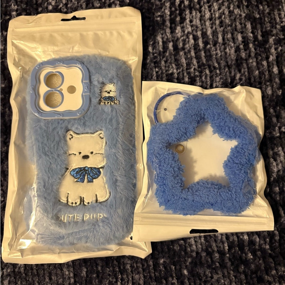 Blue Fluffy Dog Phone Case and Fluffy Star Phone Charm Set